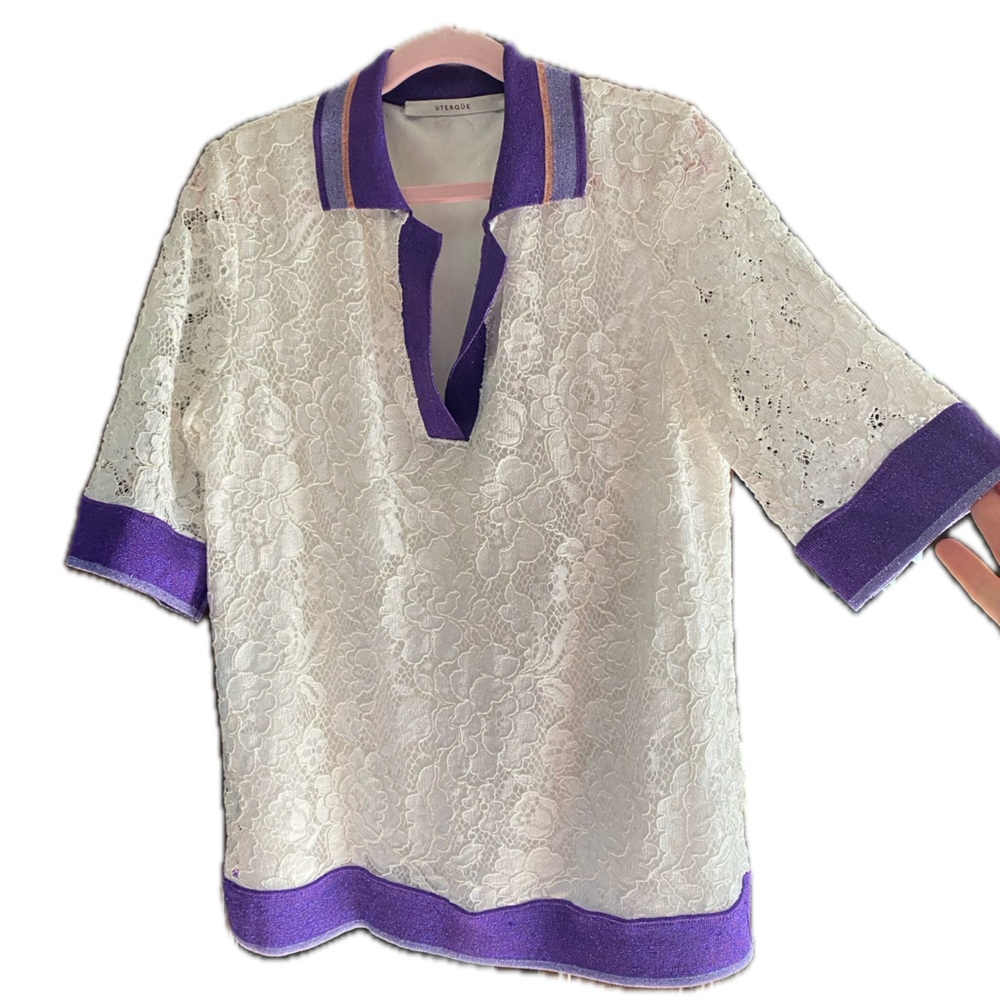 Unique Lace Golf Style Top with Purple sparkly Trim